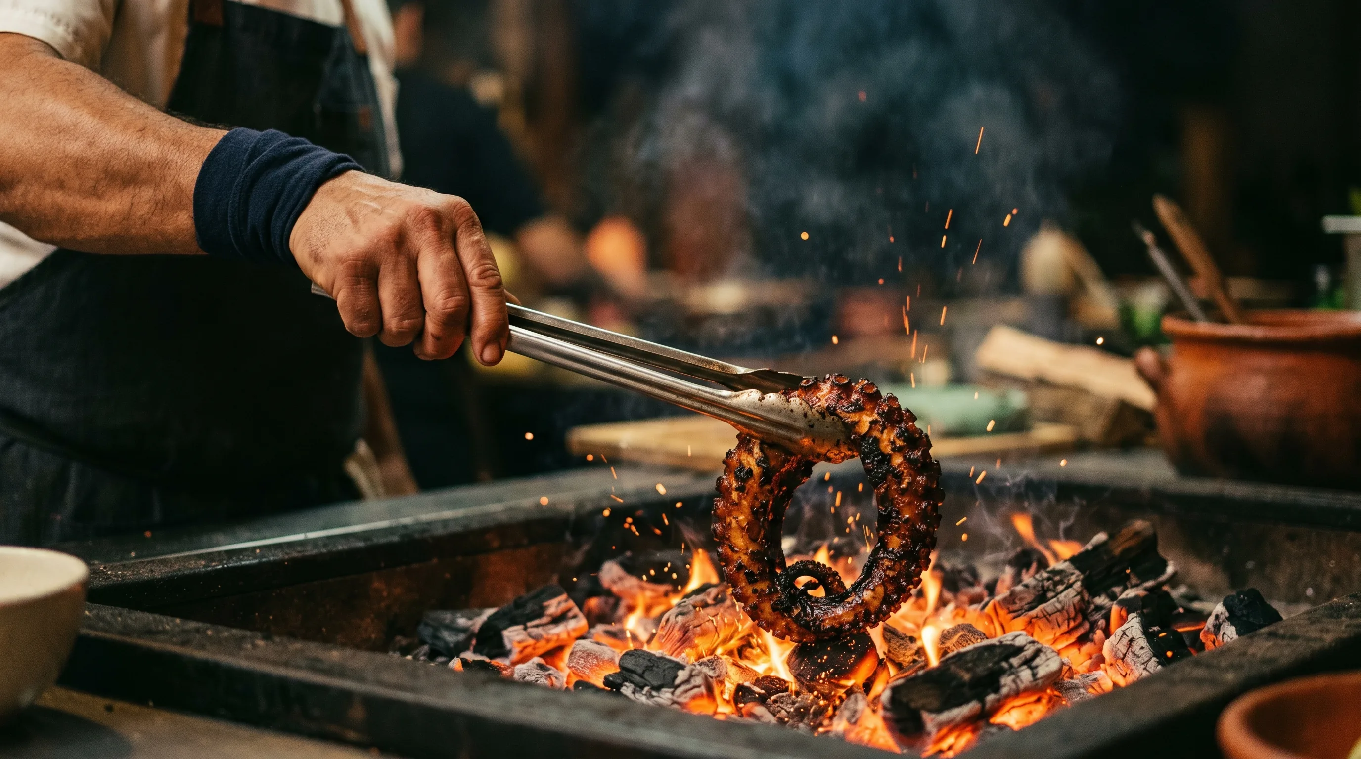 Octopus on the grill, charred over open flame