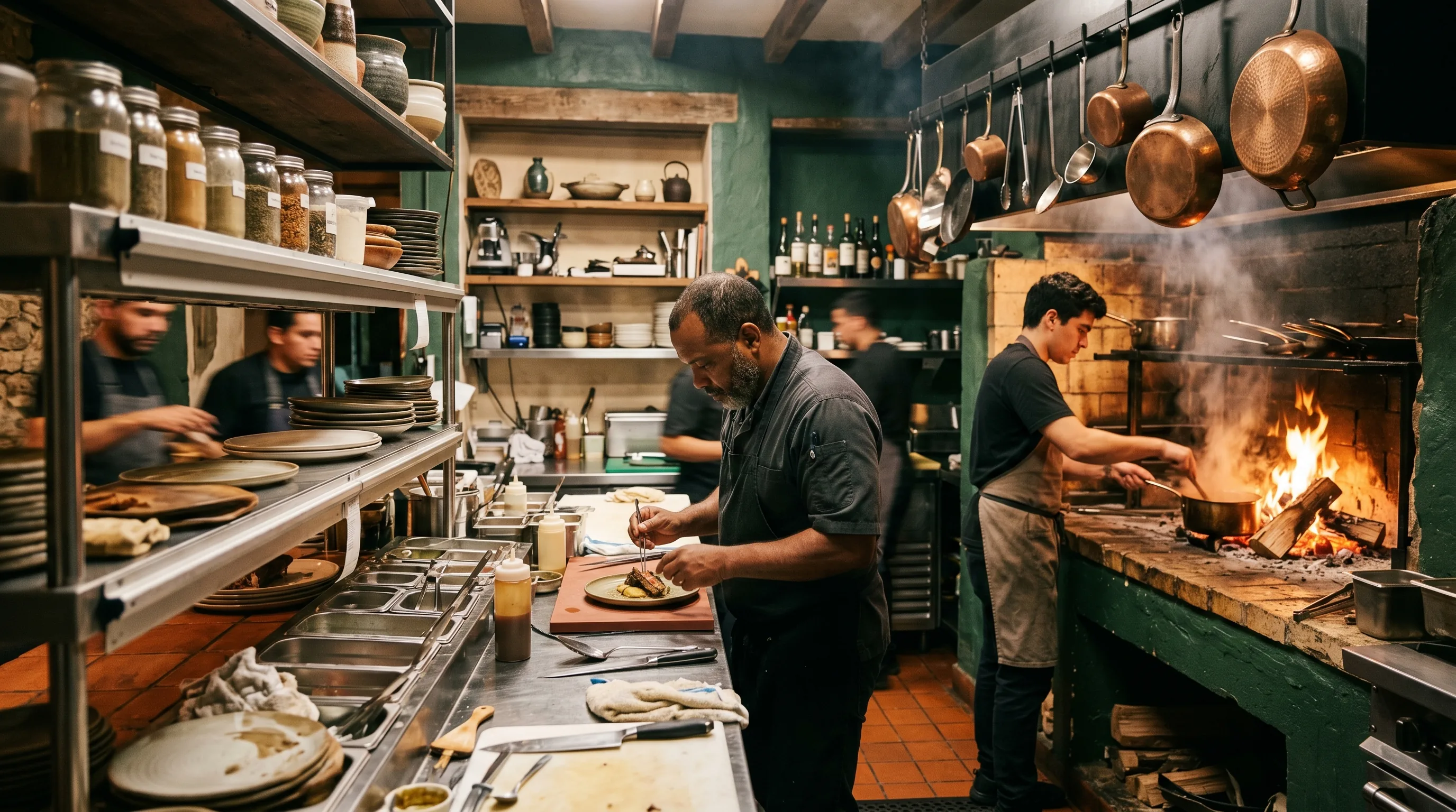 Line cooks working the pass during dinner service