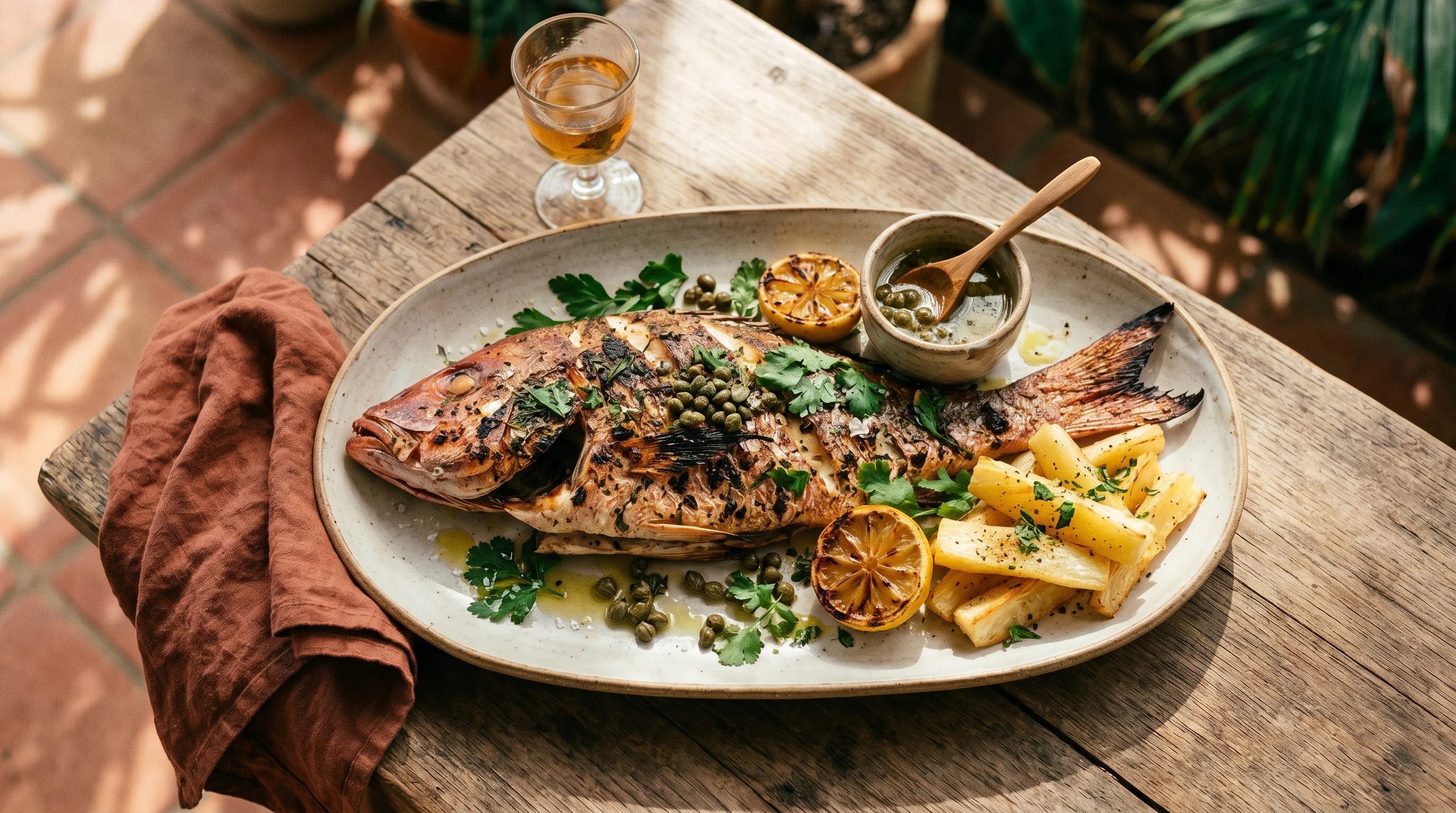 Whole snapper al carbón, plated and ready to serve